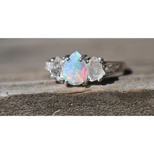 Iridescent Opal Centerpiece Ring - Multifaceted Side Stones - Unique Boho